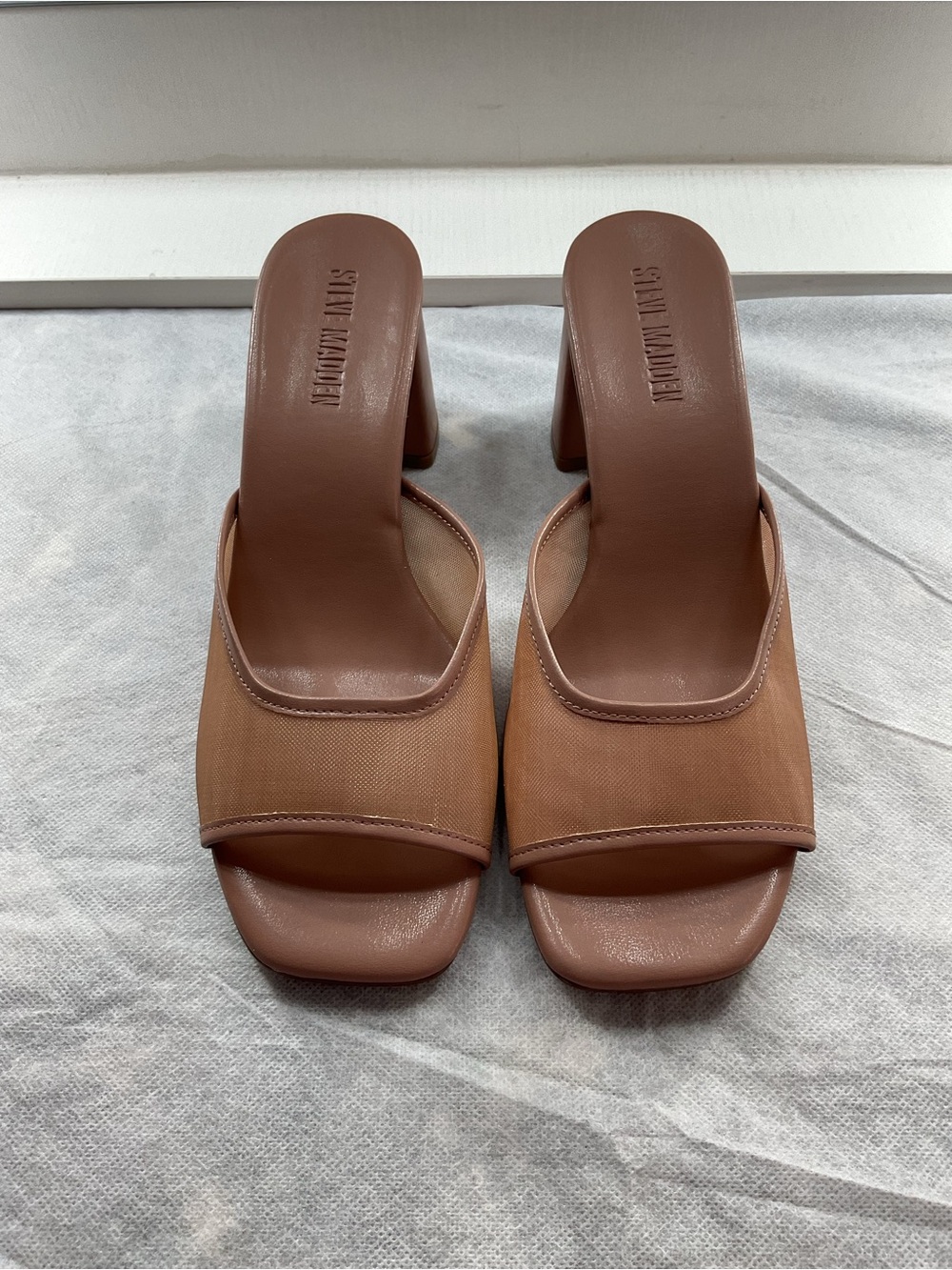 Steve Madden Madame Block Heel Sandal Tan Brown Square-Toe Slide Mules - Picture 2 of 6